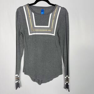 Kit and Ace Womens 6 Gray Square Striped Long Sleeve Tshirt Gold White Cashmere